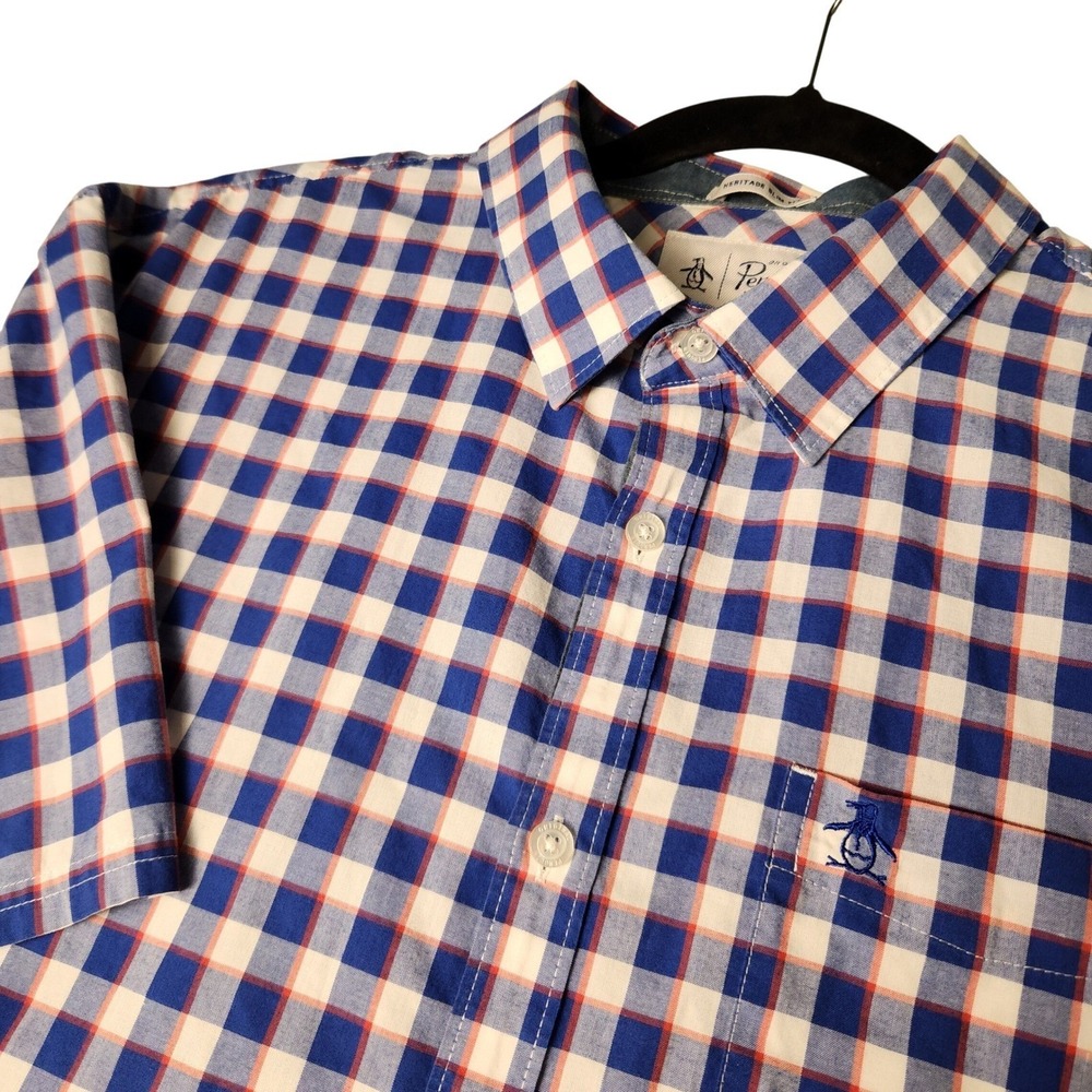 Original Penguin Button Down Mens XL Blue White Gingham Heritage Slim Fit Shirt